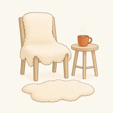 Ein Schaffell liegt über einem Holzstuhl