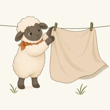 Merle hängt eine Wolldecke zum Lüften über die Wäscheleine